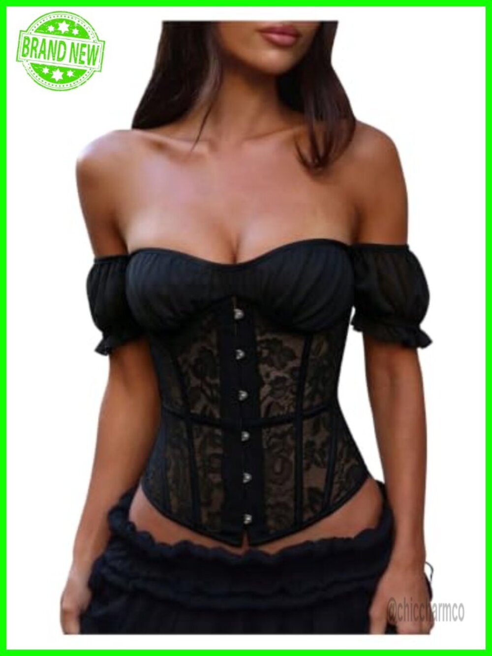 Lace Off Shoulder Corset Top Puff Sleeve Bustier